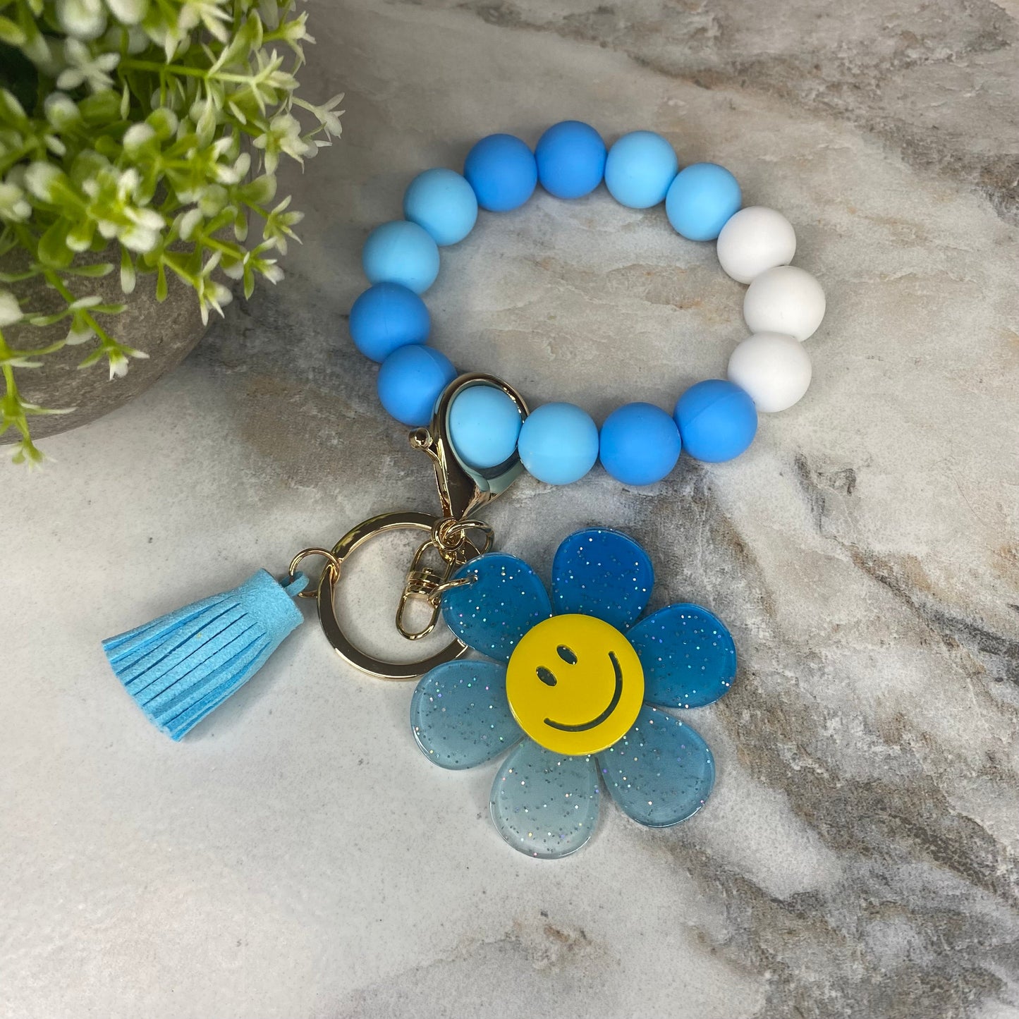 Silicone & Acrylic Bracelet Keychain - Daisy - Blue