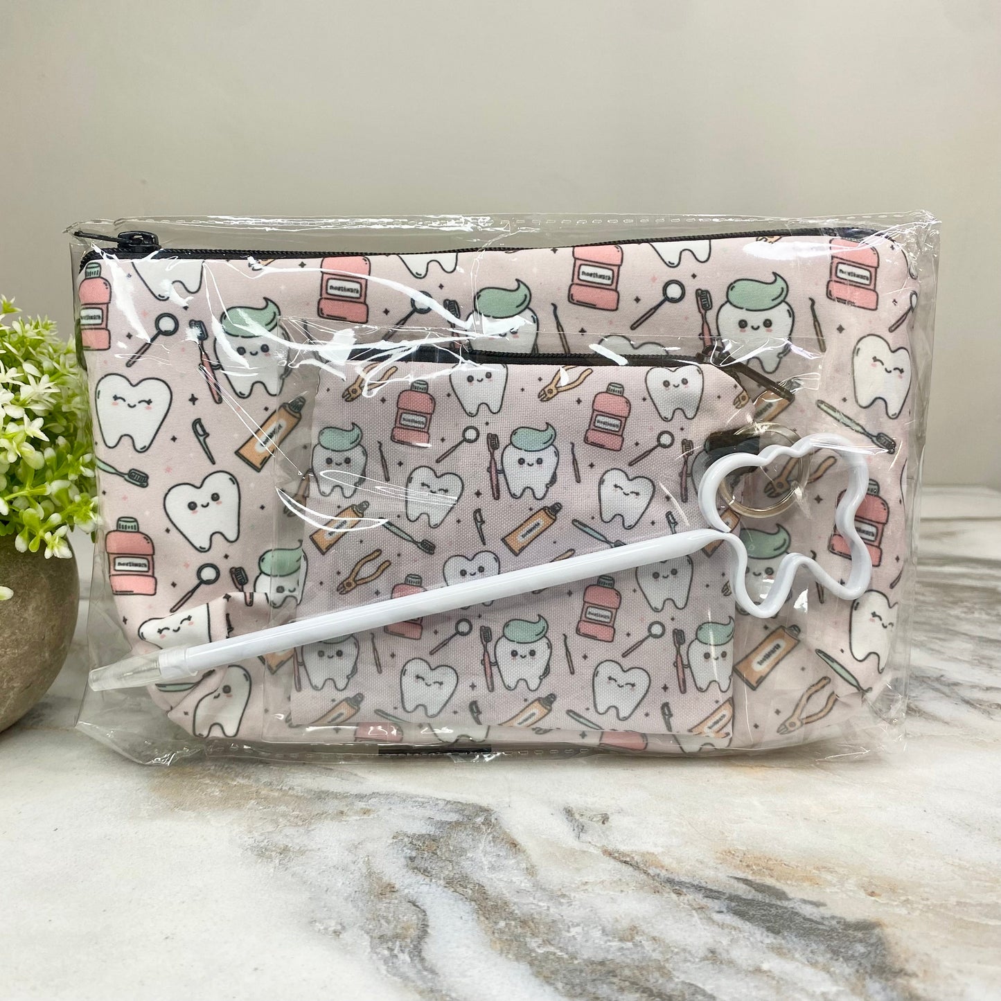 Pouch, Mini Pouch, & Pen Bundled Set - Tooth Dental Hygiene on Pink