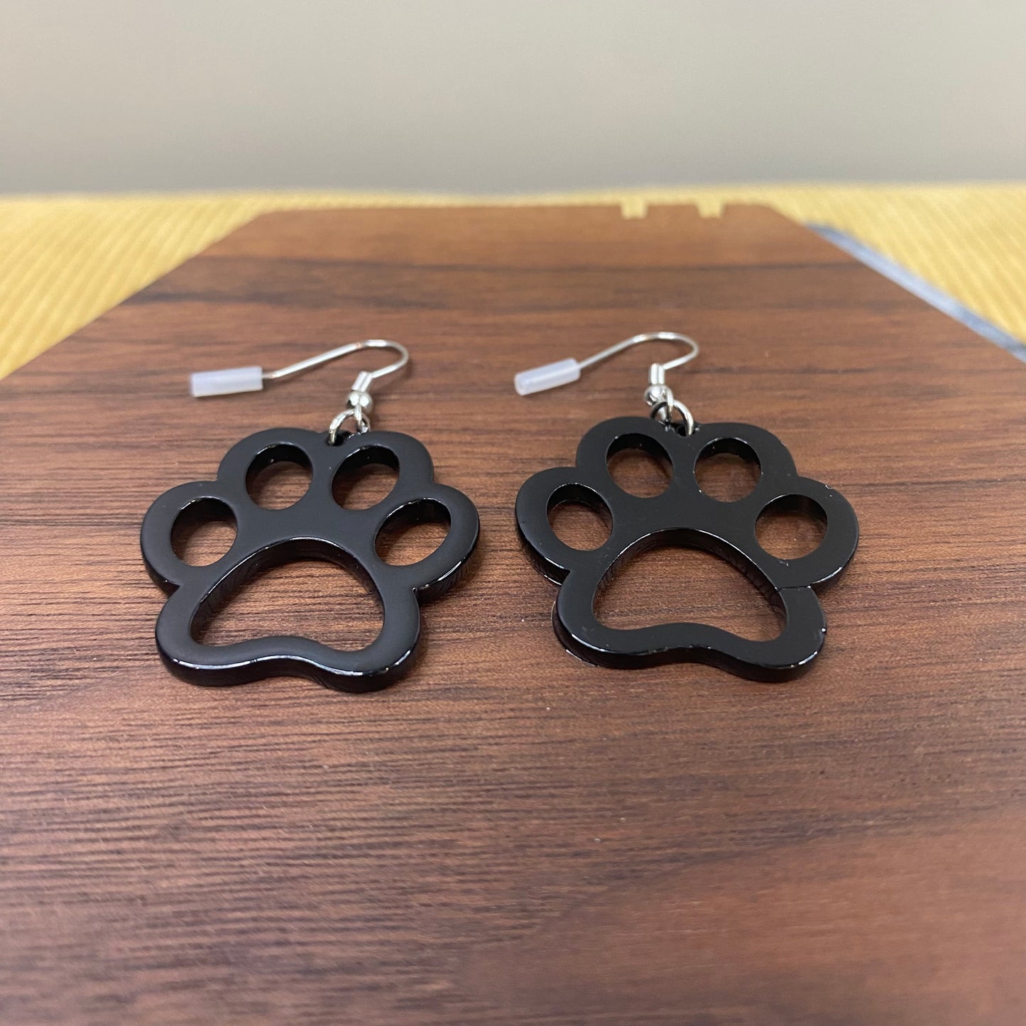 Acrylic Dangle Cutout Earrings - Black Paw Print