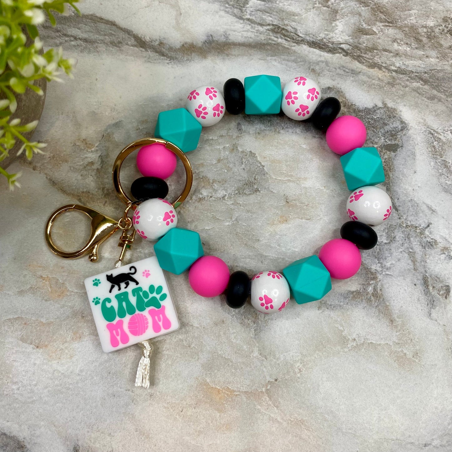 Wood & Silicone Bracelet Keychain - Cat Mom Teal Pink