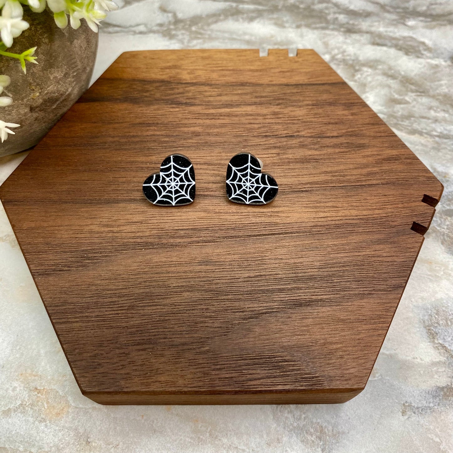 Acrylic Stud Earrings - Halloween - Spider Web Hearts