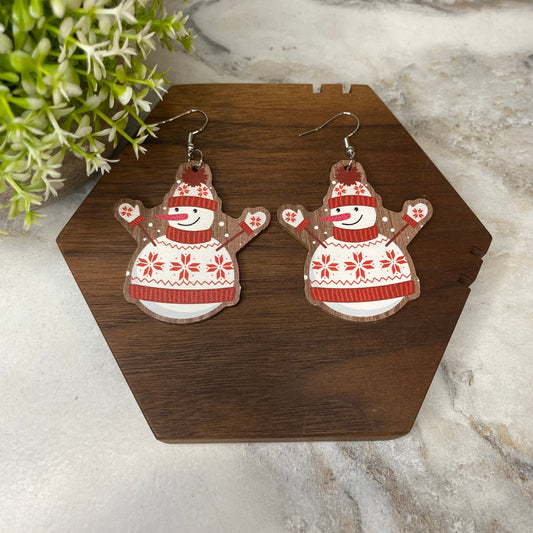 Wooden Dangle Earrings - Christmas - Snowman Sweater