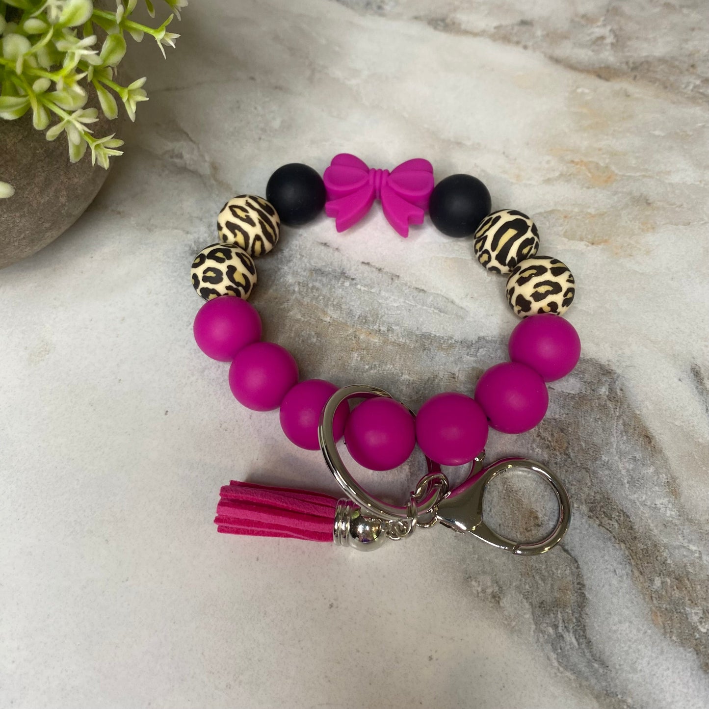 Silicone Bracelet Keychain - Magenta Bow