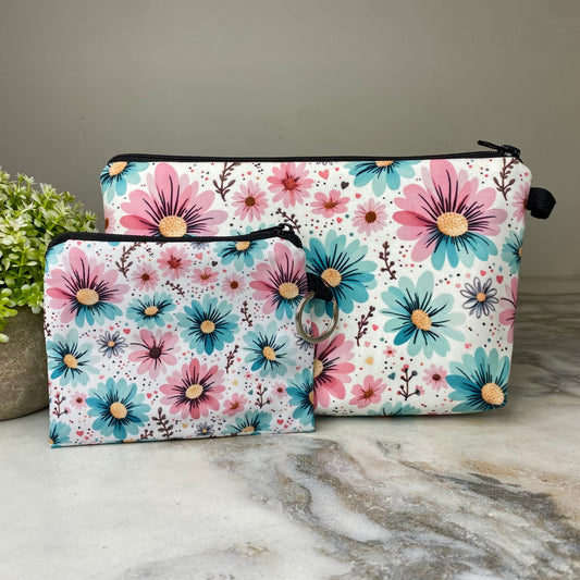 Pouch & Mini Pouch Bundled Set - Floral Pink Blue Daisy