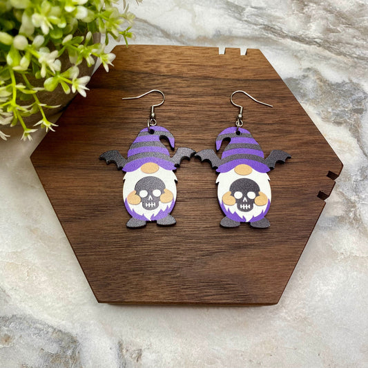 Wooden Dangle Earrings - Halloween - Gnome Wing Skull