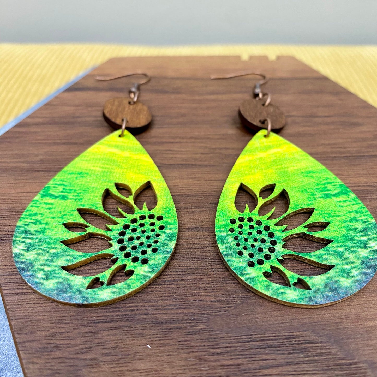 Wooden Dangle Earrings - Green Cutout Sunflower