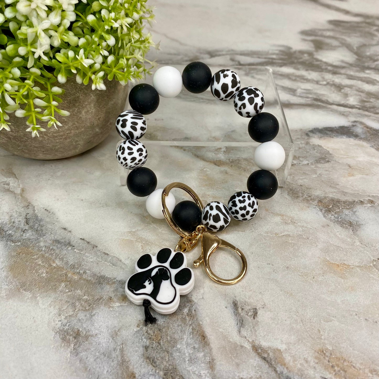 Silicone Bracelet Keychain - Black & White Dog Paw