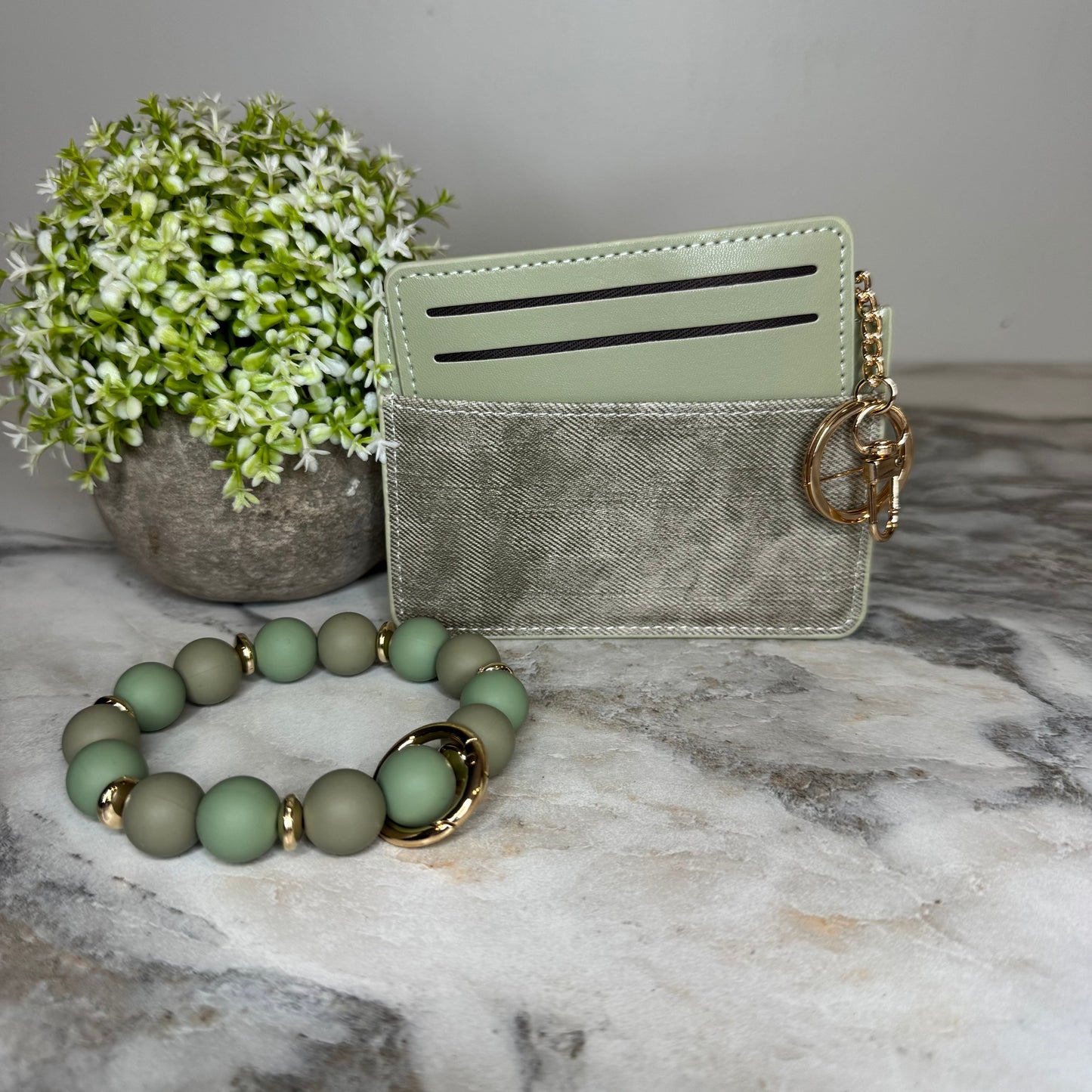Denim Suede Bracelet Keychain & Card Holder Wallet