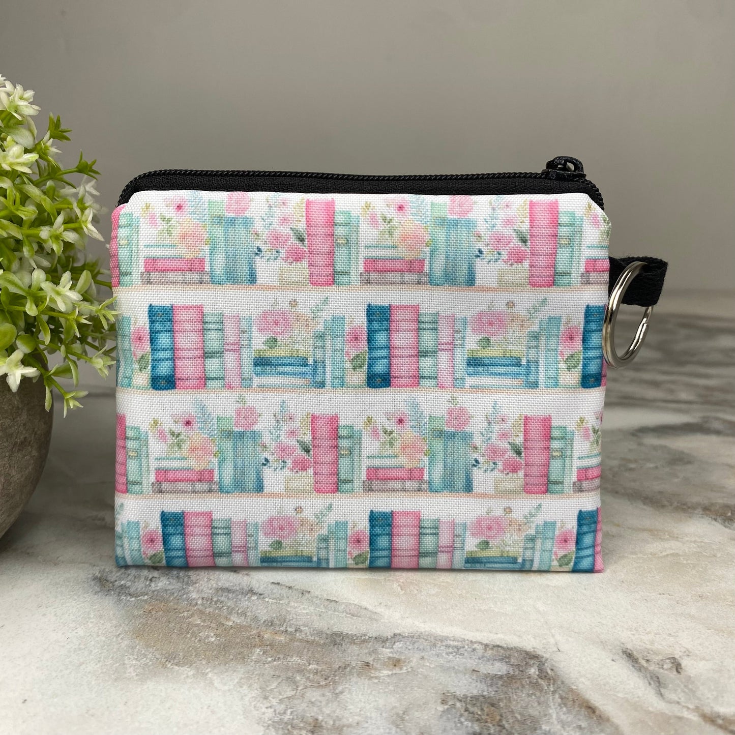 Mini Pouch - Books Blue Mint Pink Floral Shelves