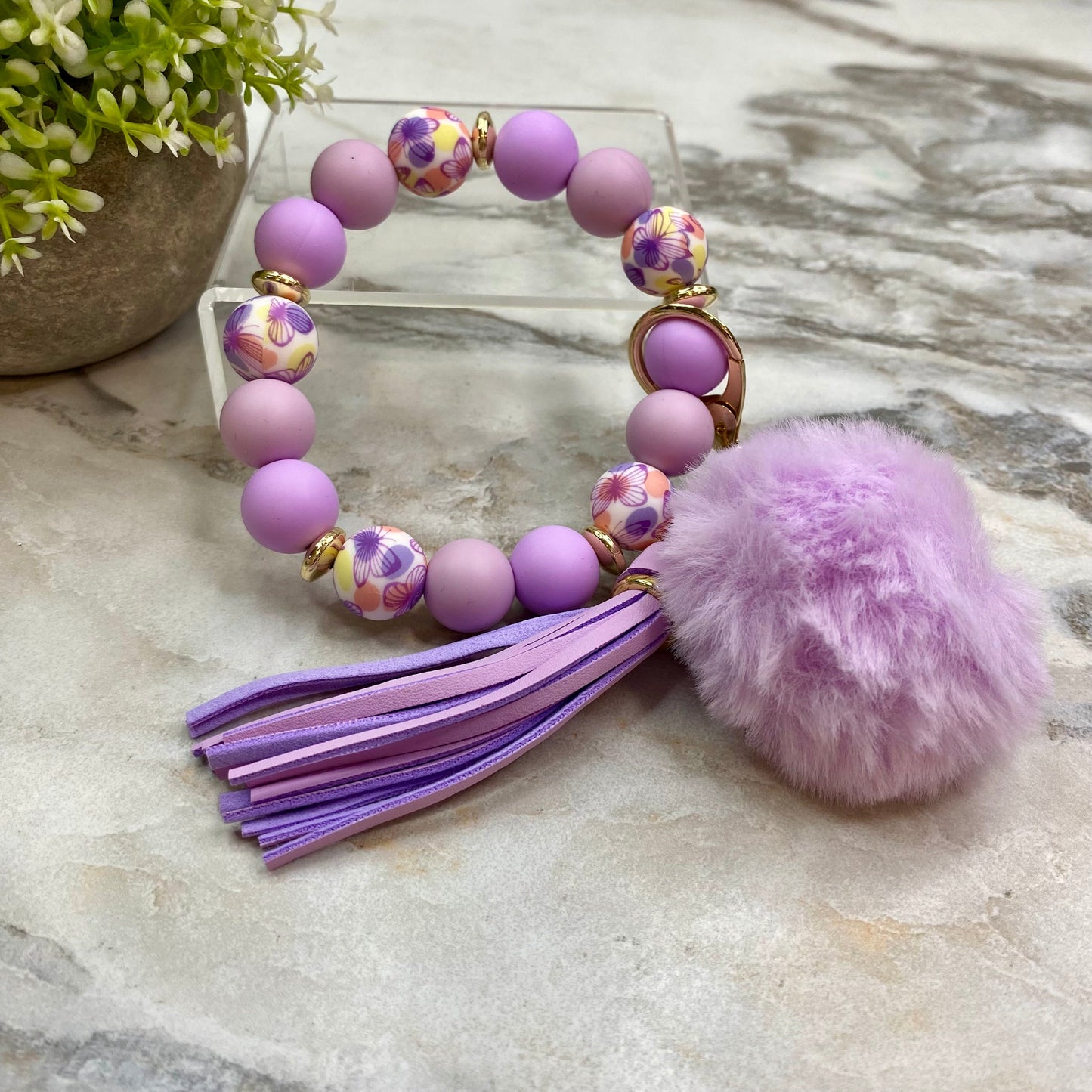 Silicone Bracelet Keychain - Tassel & Pom Pom- Purple & Floral