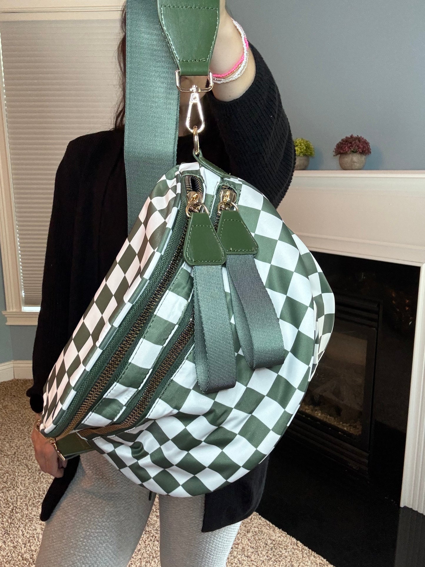 The Roni Nylon Crossbody - Checkered Dark Green