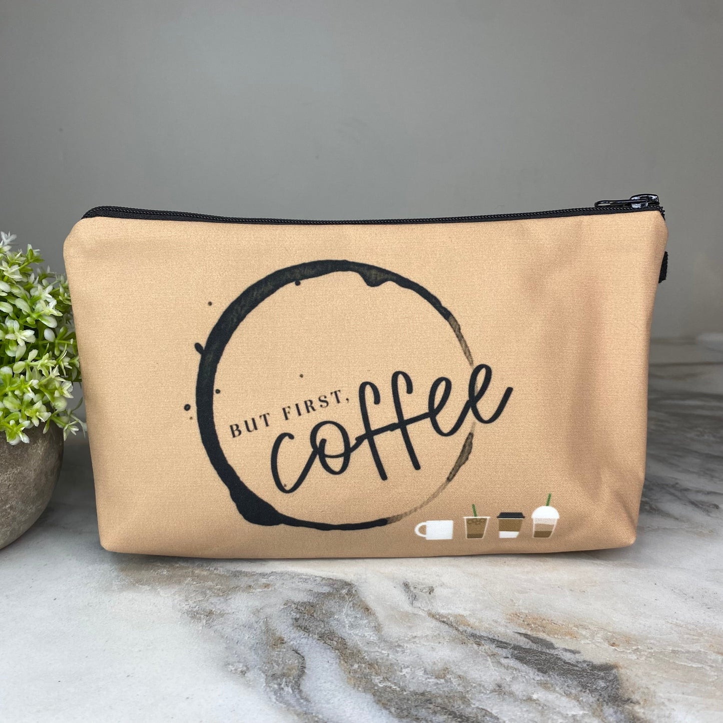 Pouch - Coffee, But First Coffee on Brown