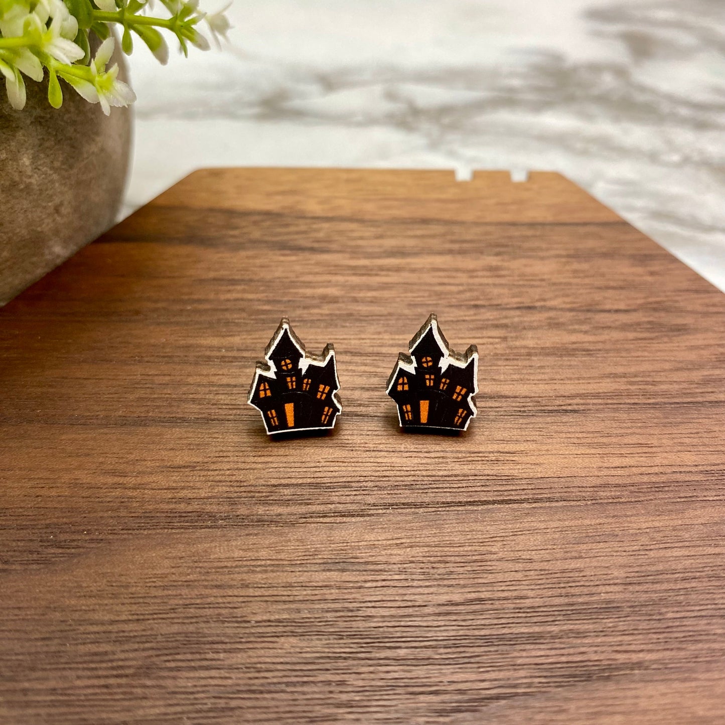 Wooden Stud Earrings - Halloween - Haunted House