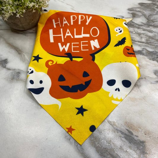 Dog Bandana - Halloween - Yellow Pumpkin Ghost Skull