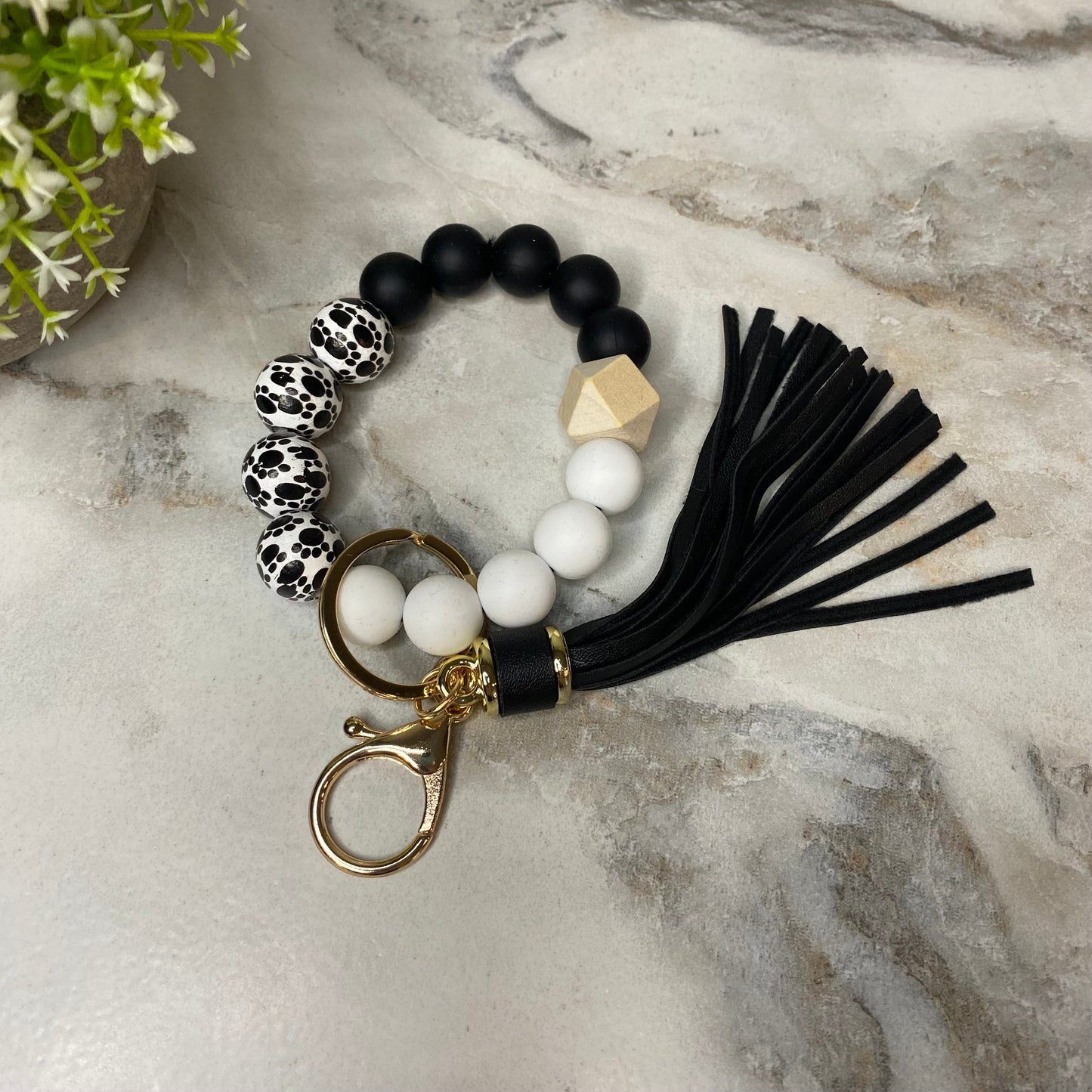 Silicone/Wood Bracelet Keychain - Paw - Black