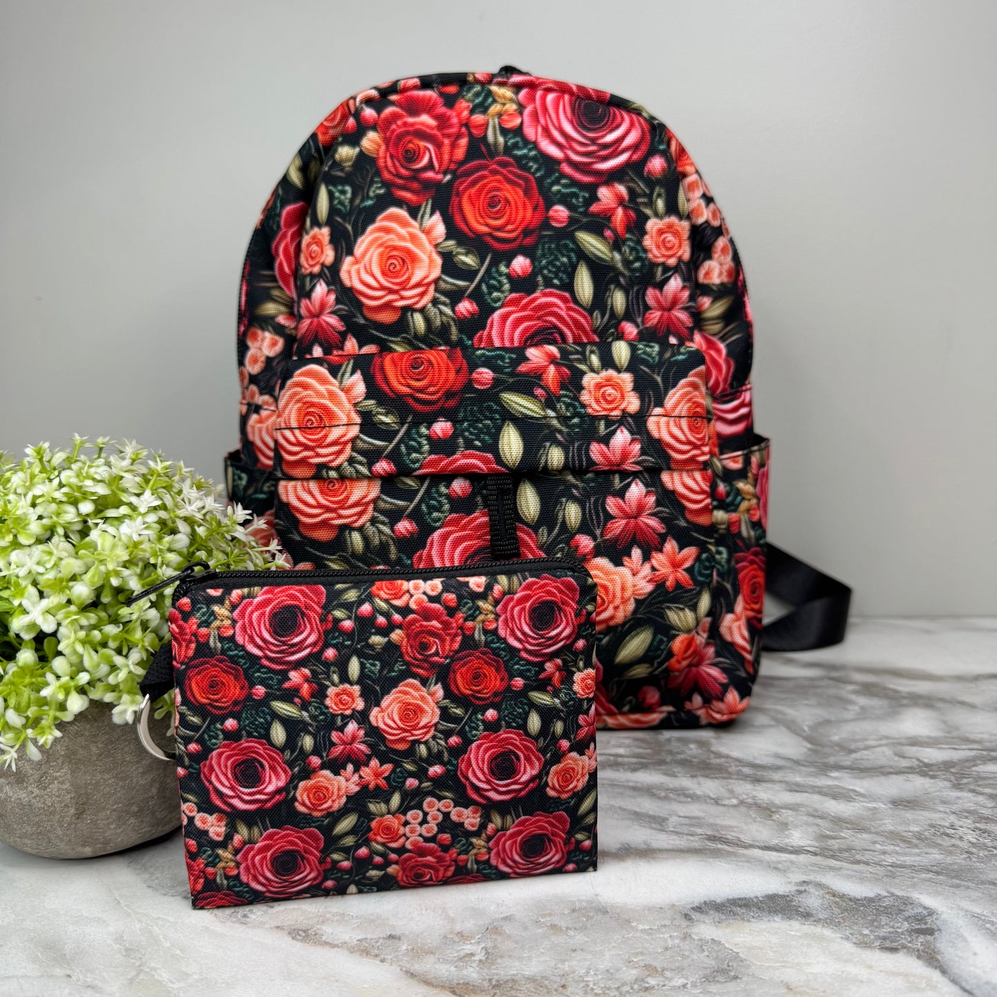 Mini Backpack, Pouch, & Mini Pouch Bundled Set - Embroidery Rose Floral