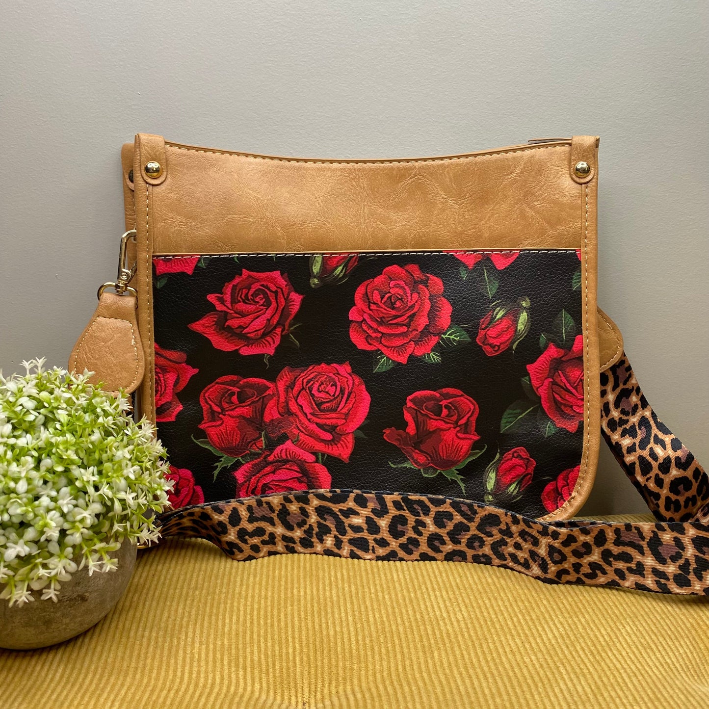 Audrey Crossbody Purse - Roses on Black & Khaki