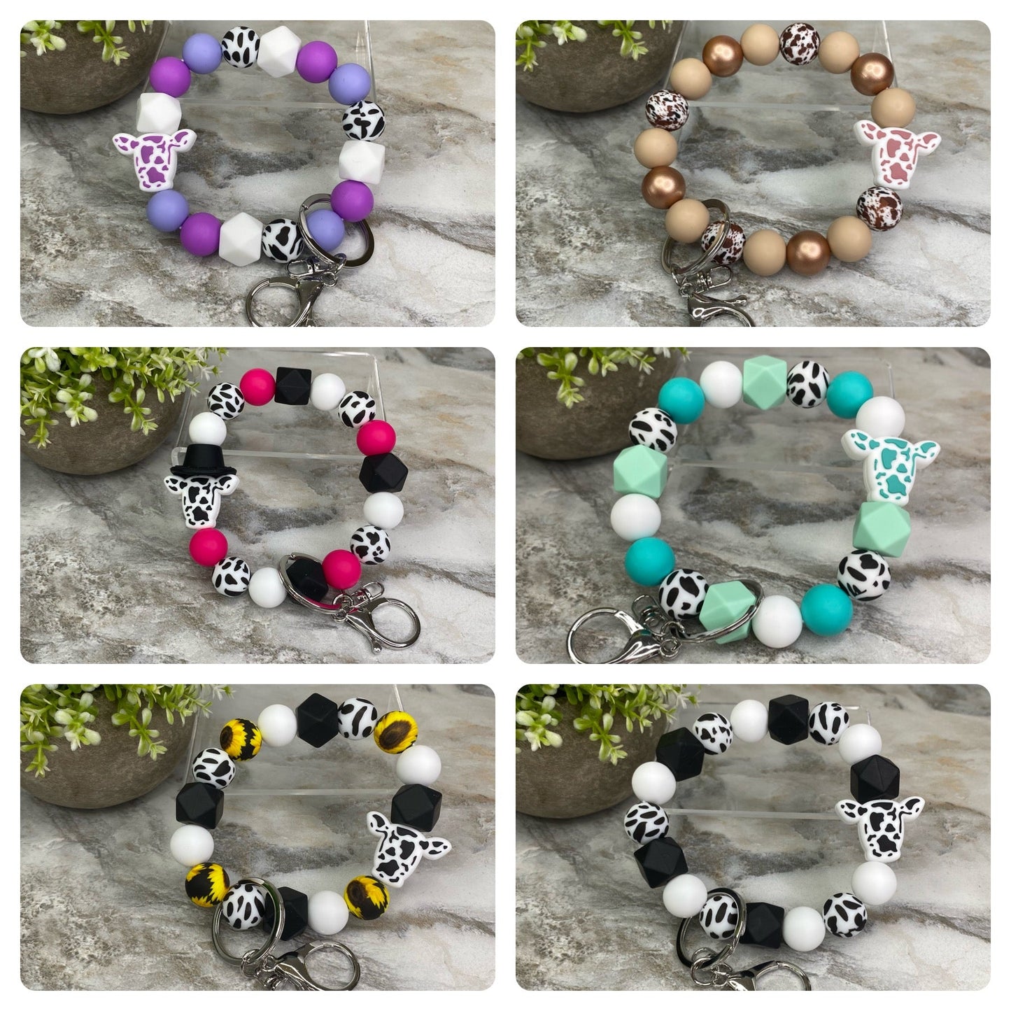 Silicone Bead Bracelet Keychain - Cow Designs