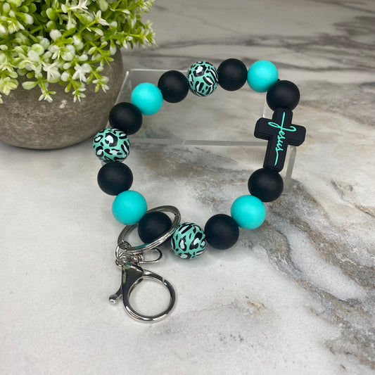 Silicone & Wood Bracelet Keychain - Religious, Jesus, Black & Teal