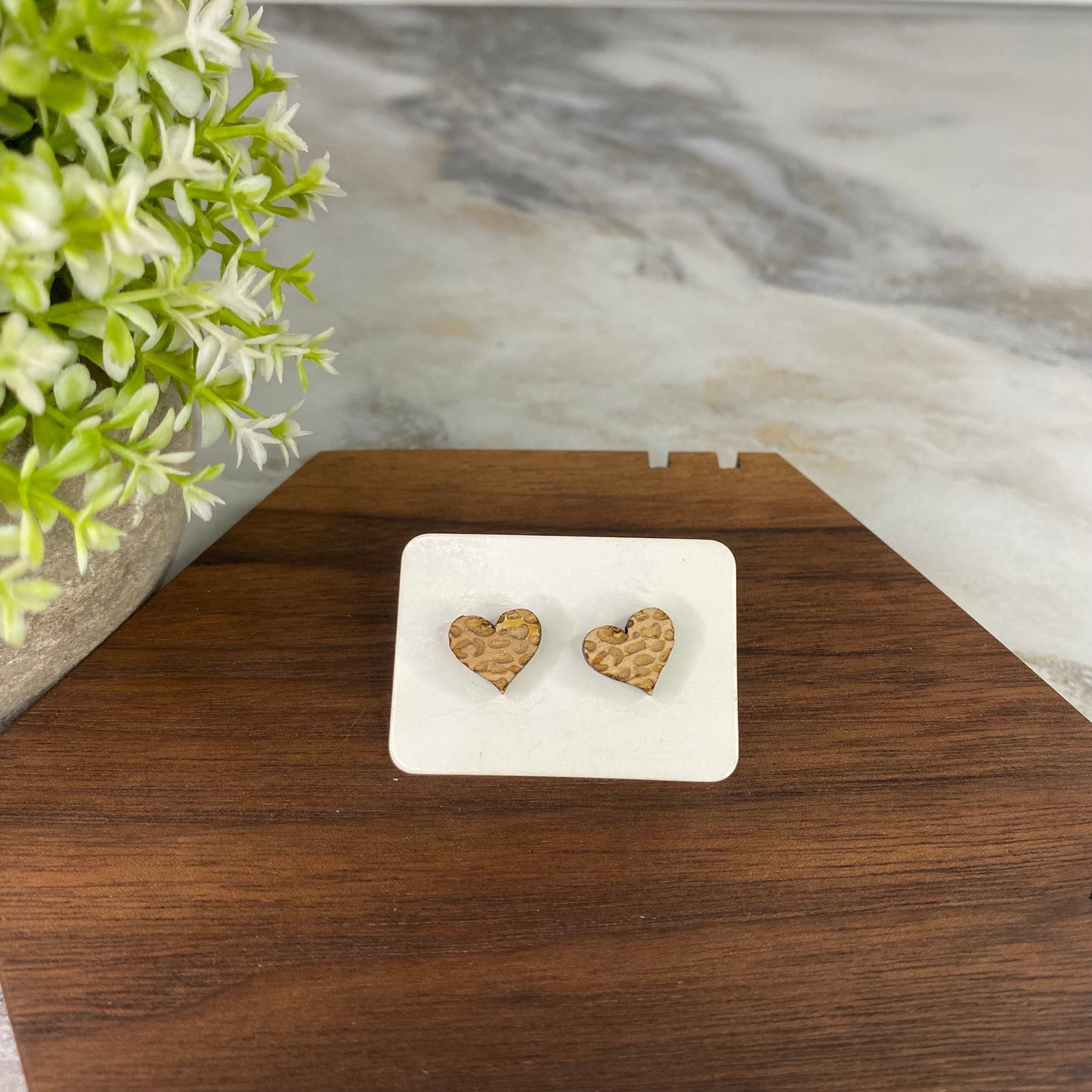 Wooden Stud Earrings - Leopard Print Heart