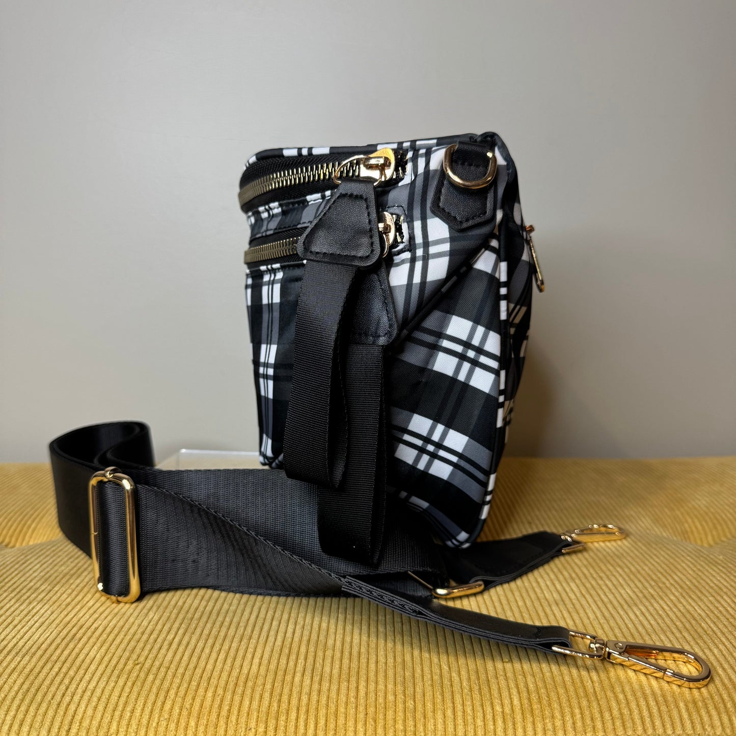The Roni Nylon Crossbody - Black & White Plaid - PREORDER