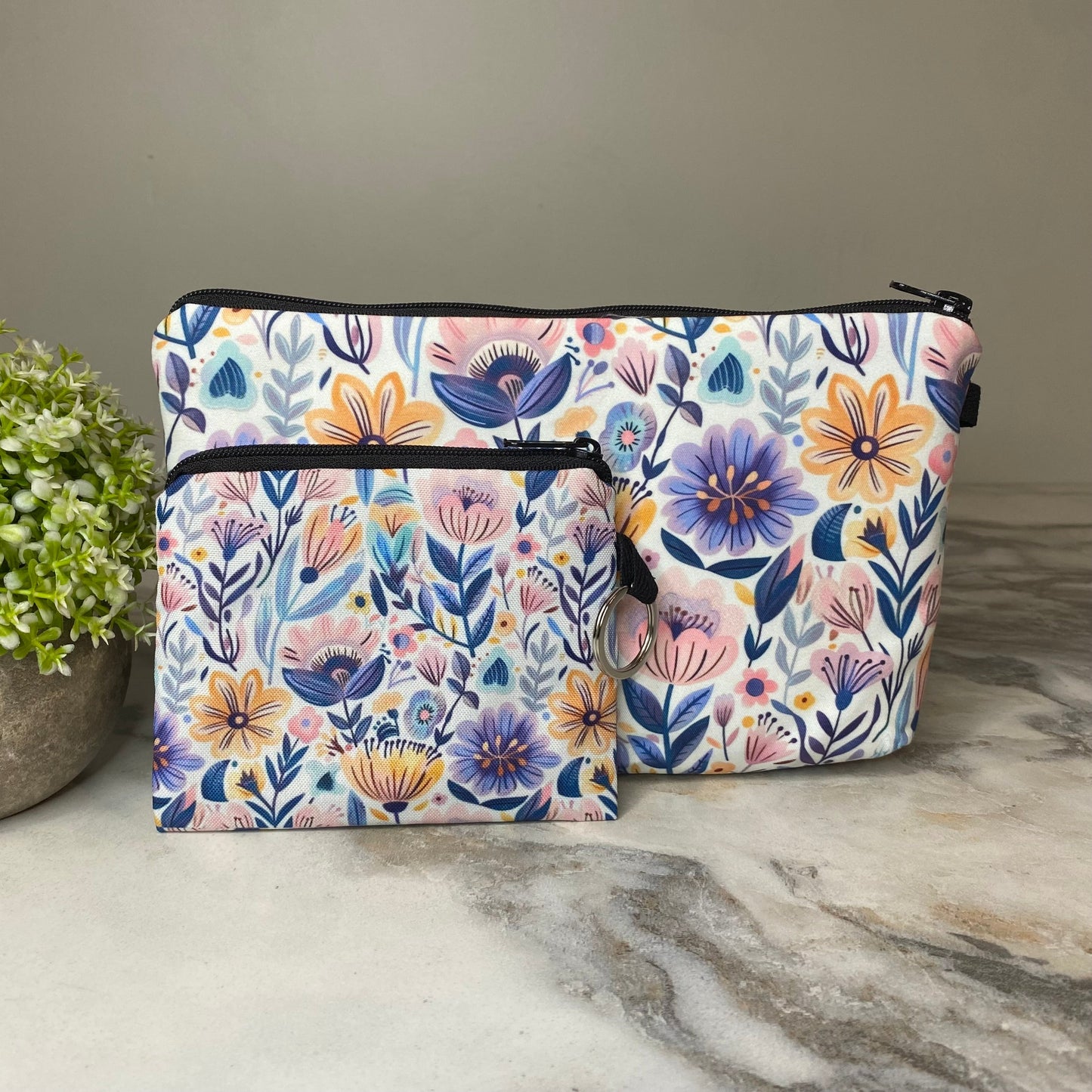 Pouch & Mini Pouch Bundled Set - Purple Blue Yellow Floral