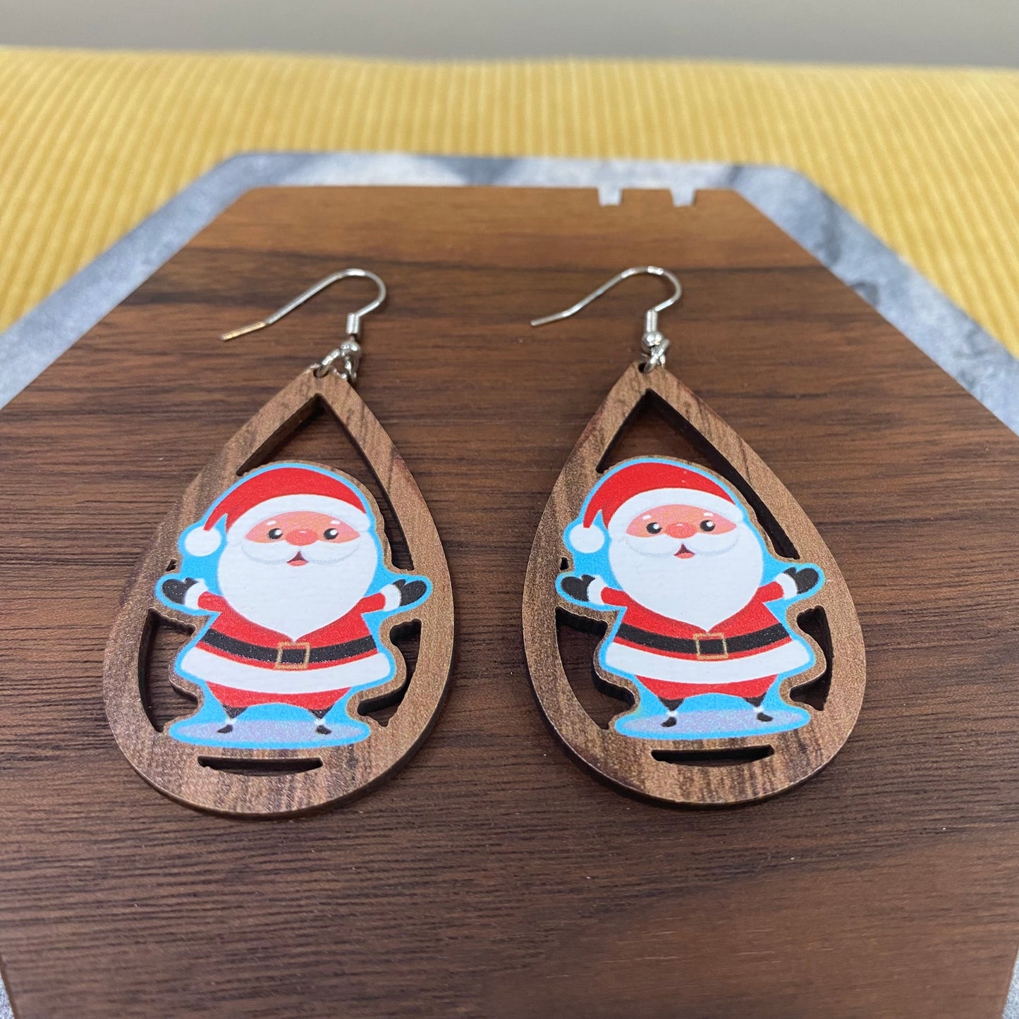 Wooden Teardrop Cutout Earrings - Christmas - Santa