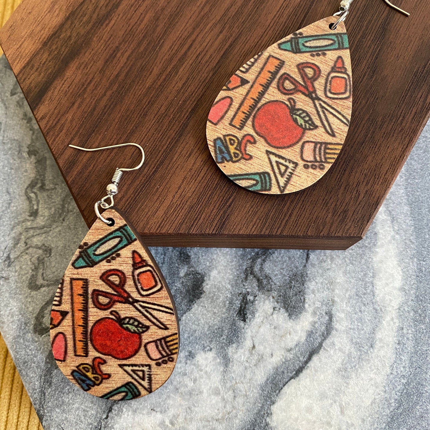 Wooden Teardrop Earrings - Teacher Things Apple Pencil