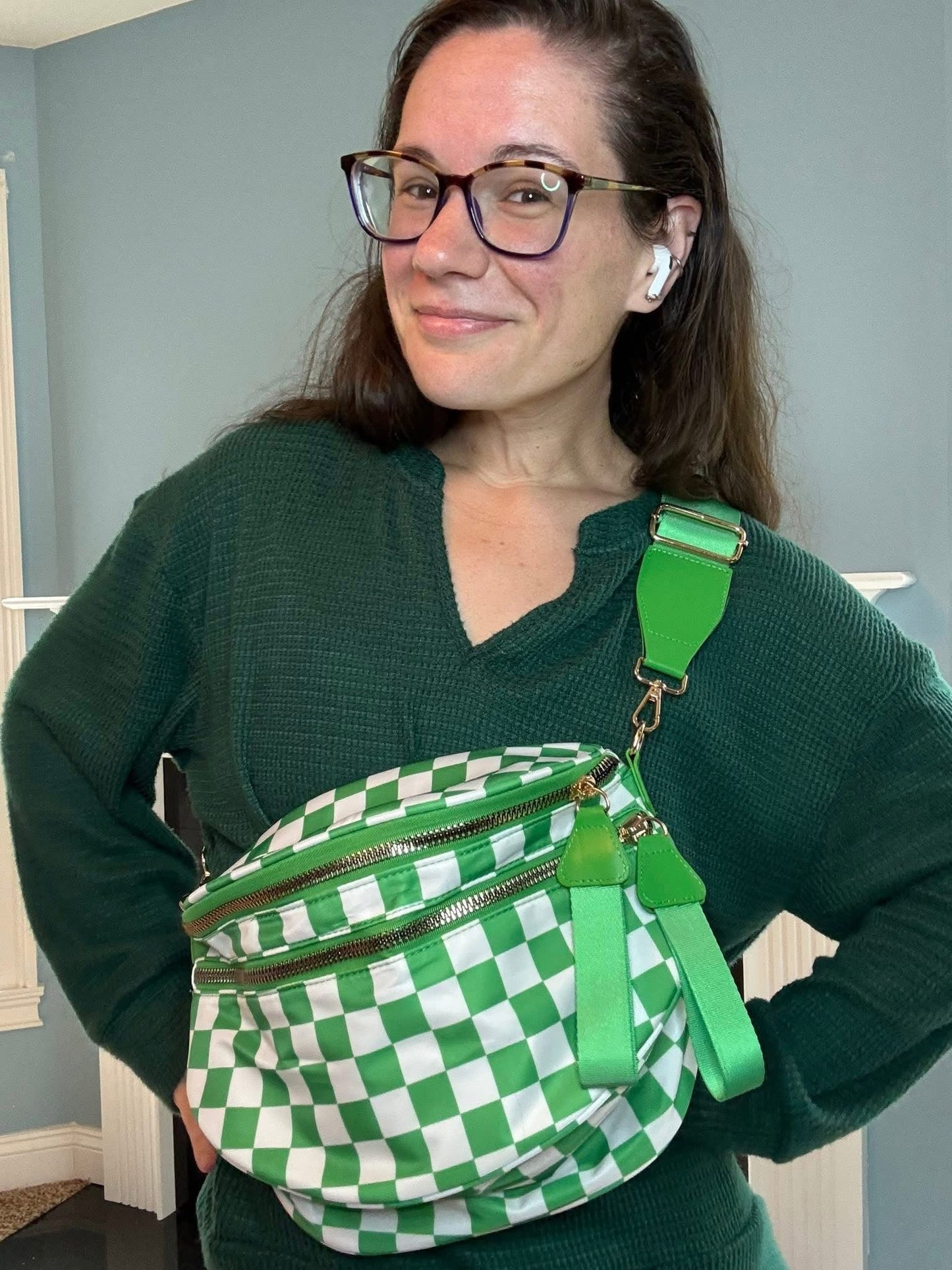 The Roni Nylon Crossbody - Checkered Lime