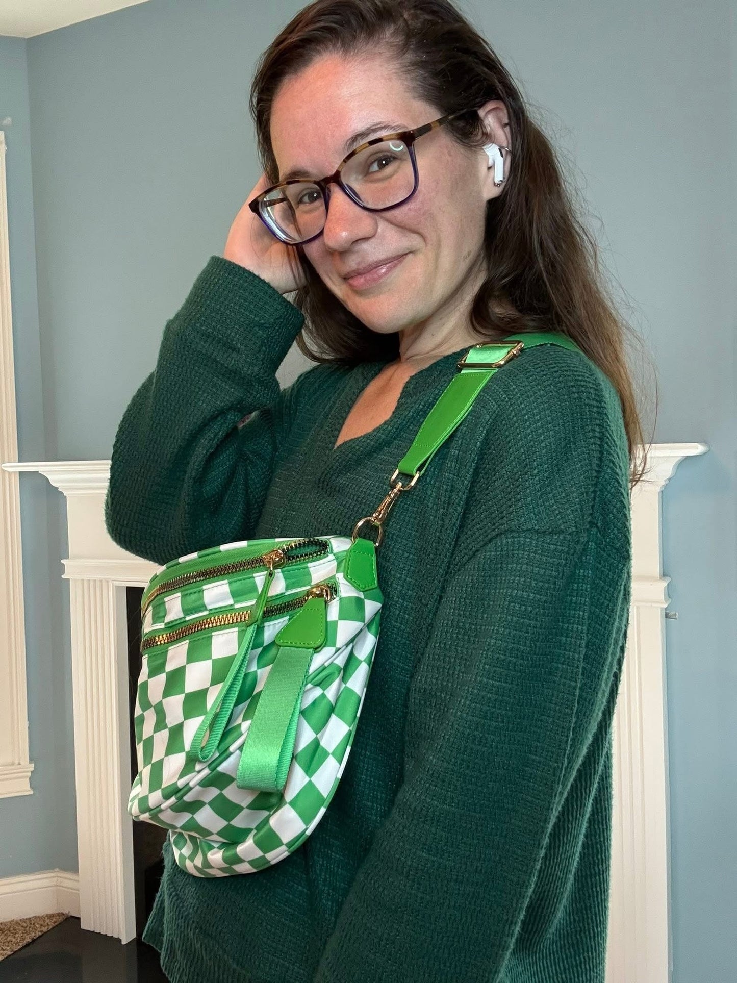 The Roni Nylon Crossbody - Checkered Lime