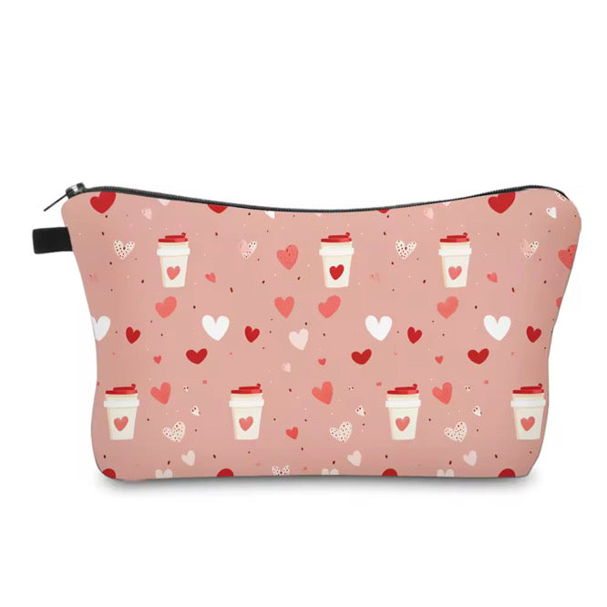 Pouch - Coffee Tea Hearts on Pink