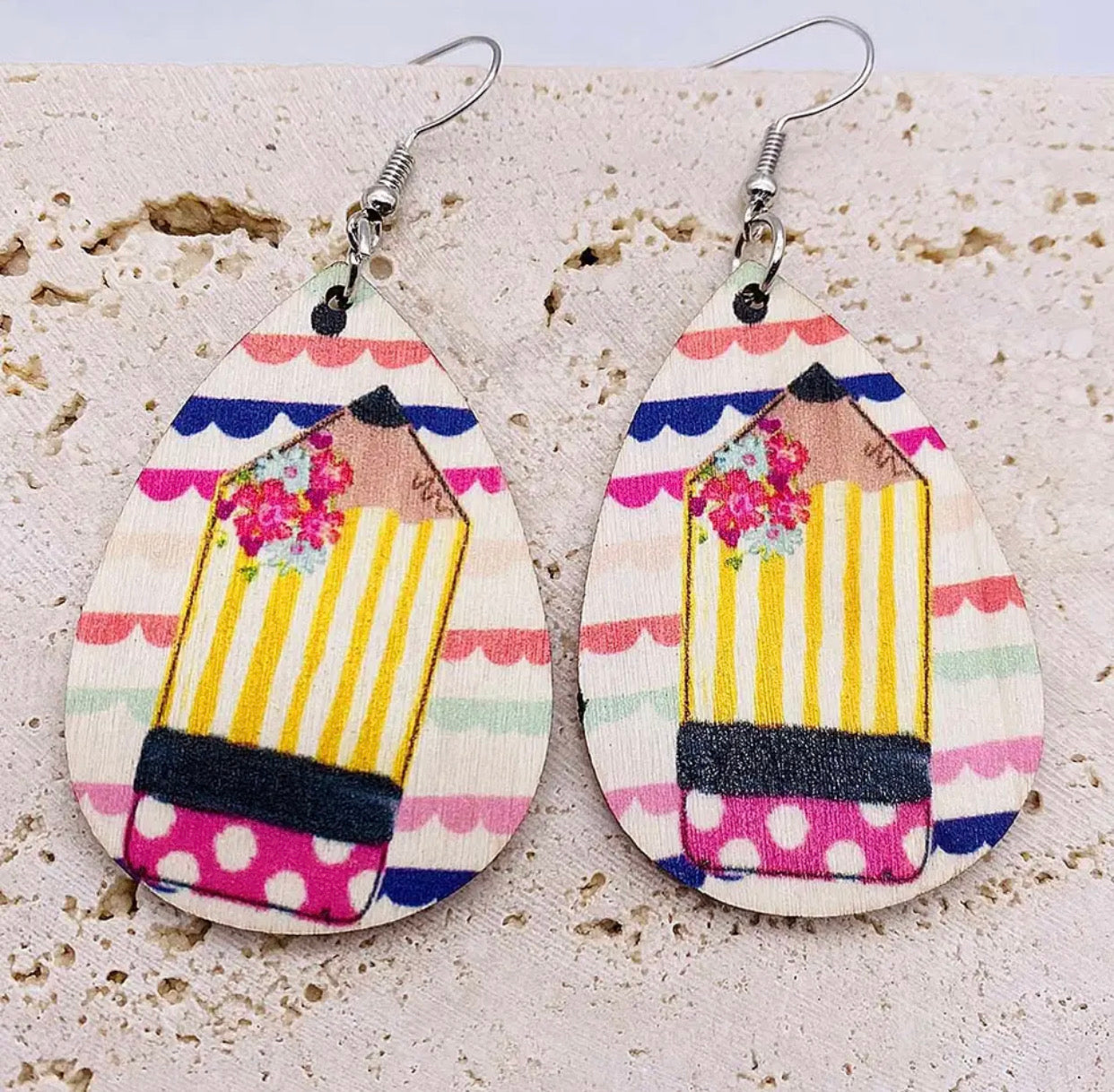 Wooden Teardrop Earrings - Teacher Pencil